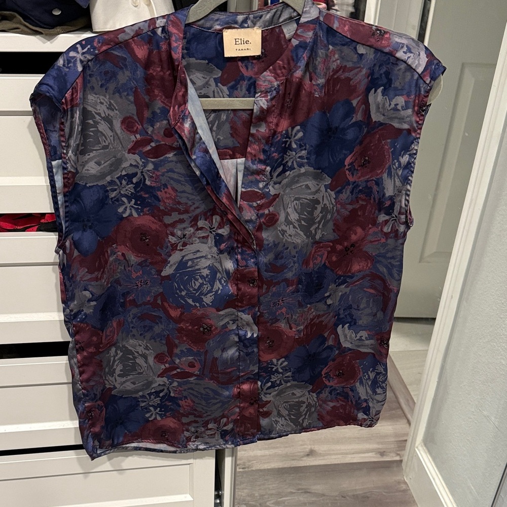 Elie Tahari Floral Satin Sleeveless Top in Navy, Wine & Gray